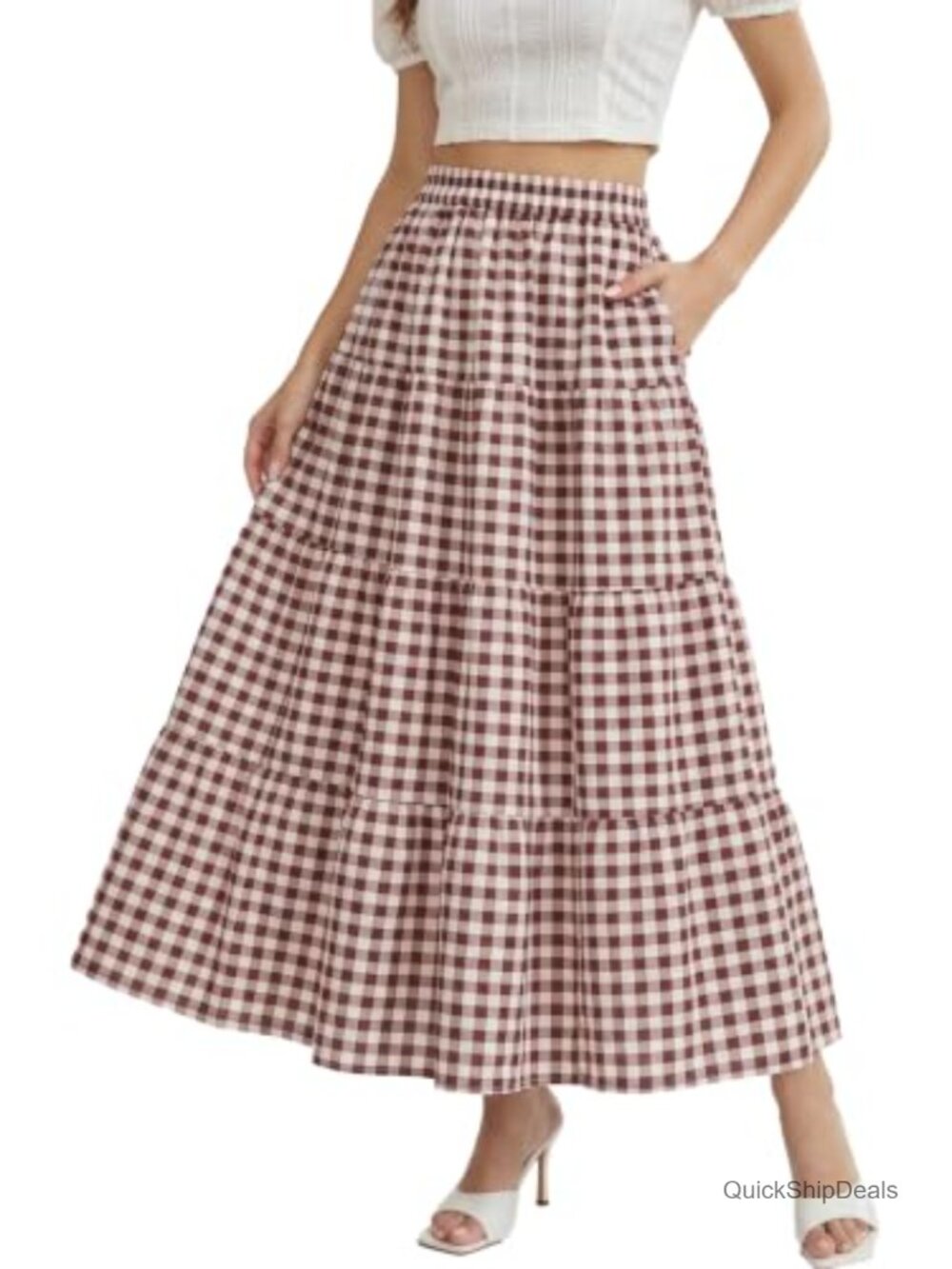 Women's Tiered Maxi Skirt High Waist Flowy A-Line with Pockets Polyester Blend